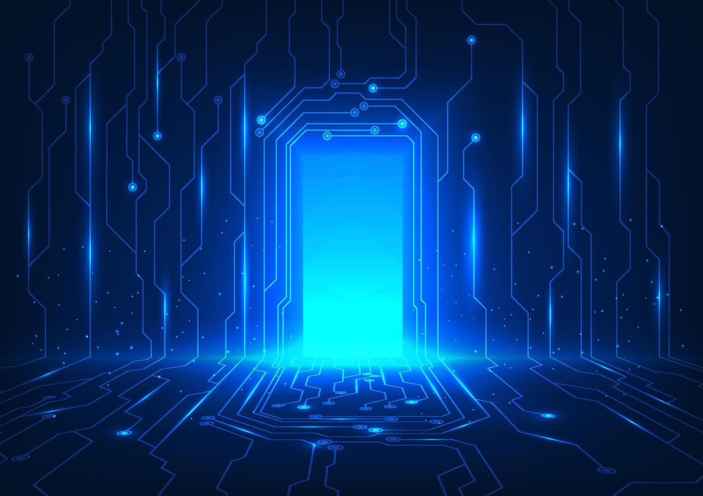 tecnología antecedentes un puerta a el futuro mundo de tecnología con ilimitado información y comunicación. un lado puerta es conectado a un circuito de tecnología con atractivo elementos. vector