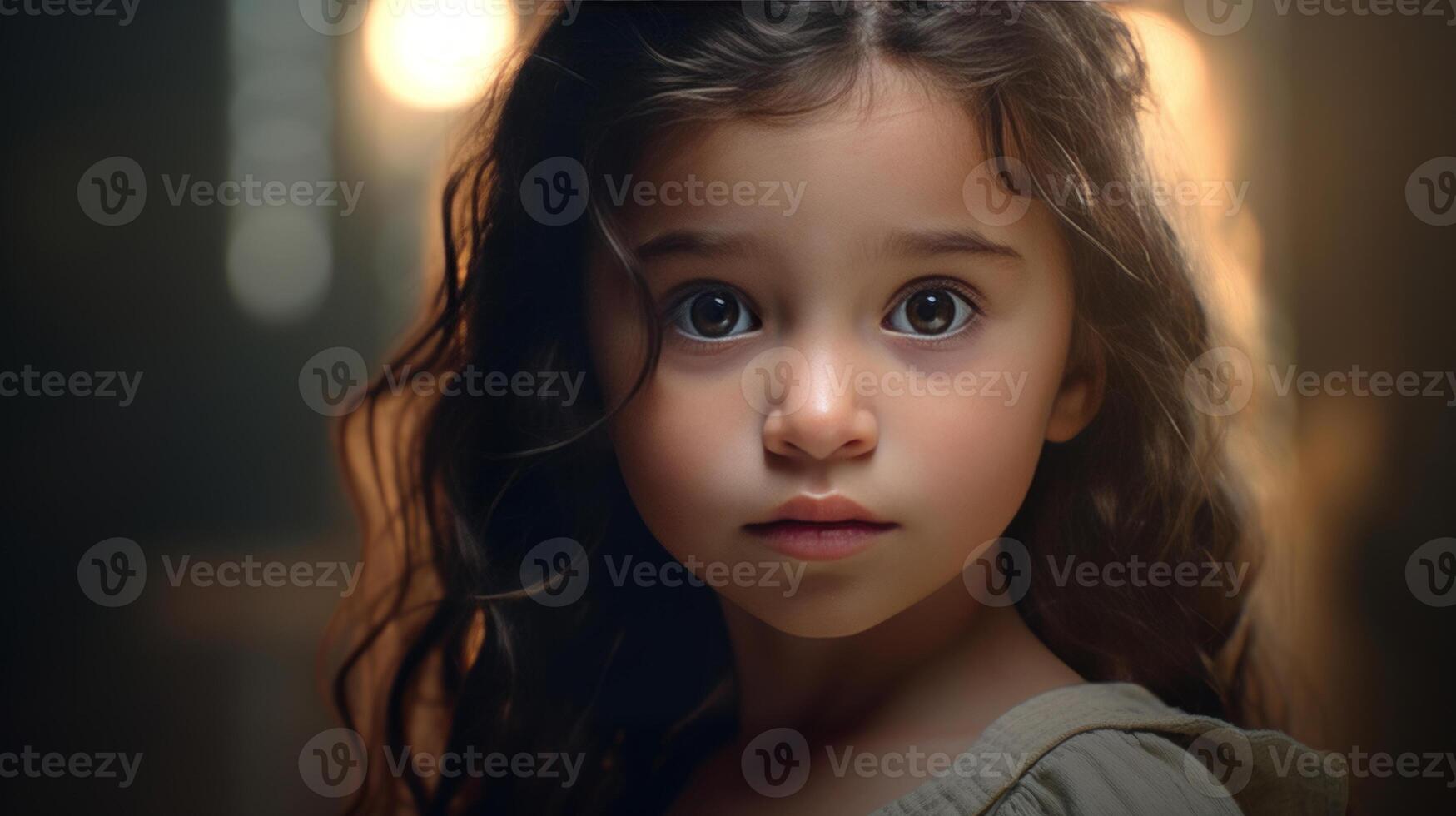 AI generated Portrait of a little girl with long curly hair in a light room. photo