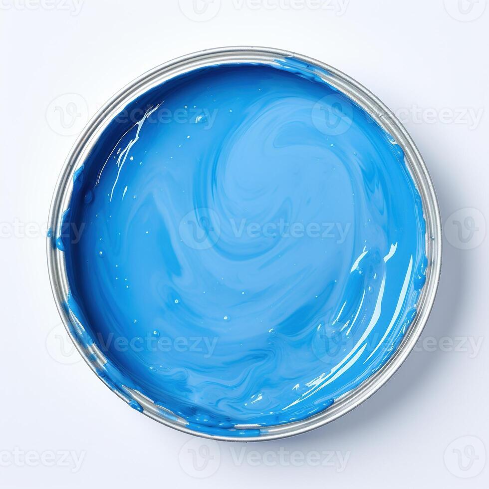 AI generated Can of blue paint on white background, top view. photo