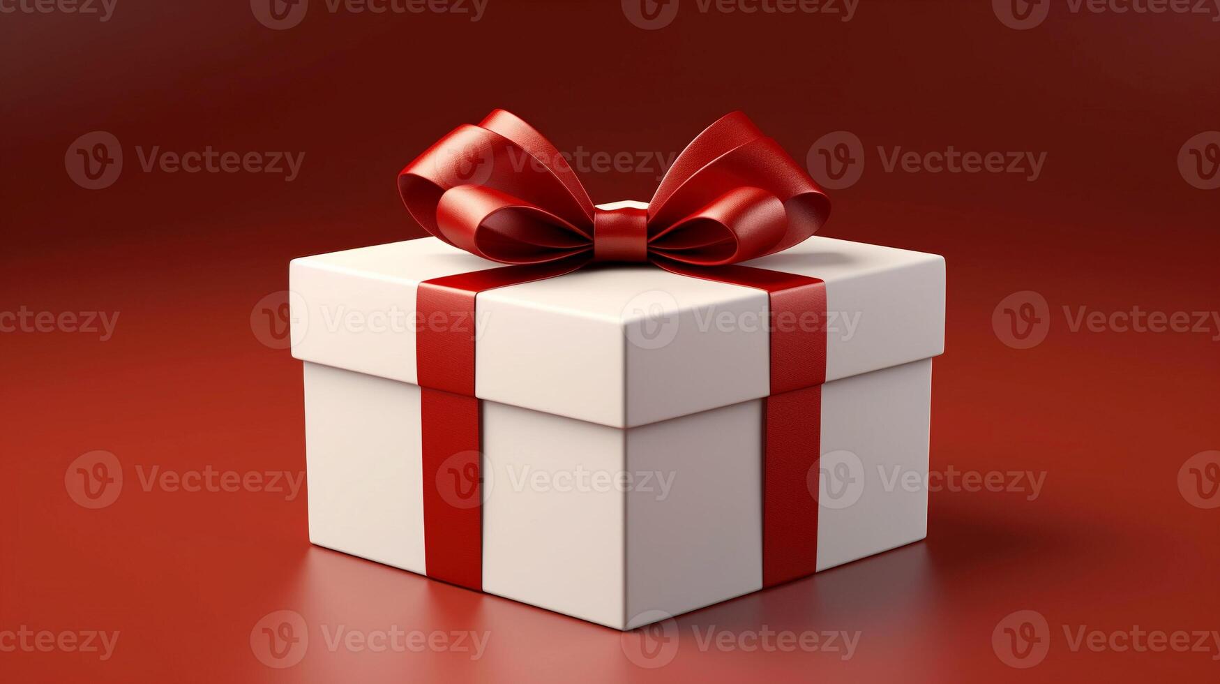 AI generated White rapped gift box with a glossy red ribbon bow on a matching red background. photo