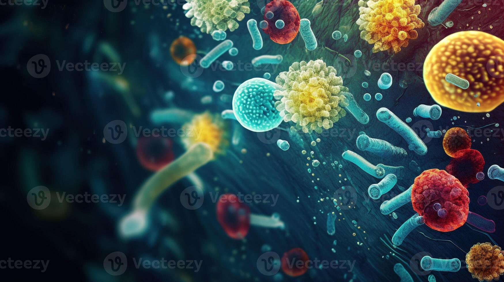 AI generated 3d rendering of virus cells in medical background. Microscopic view. Abstract background for a body microbiome bacterium medical concept. photo