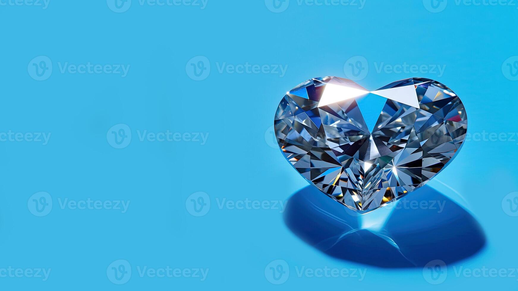 AI generated Shiny heart on blue background with copy space. The crystal heart gleams and sparkles. Romantic background. Computer-generated digital drawing. photo