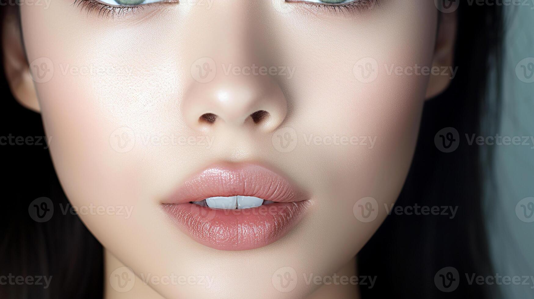 AI generated Portrait of pale girl with delicate skin and natural makeup. Ombre lips with a clear contour, shaded inward, with a satin tint. photo