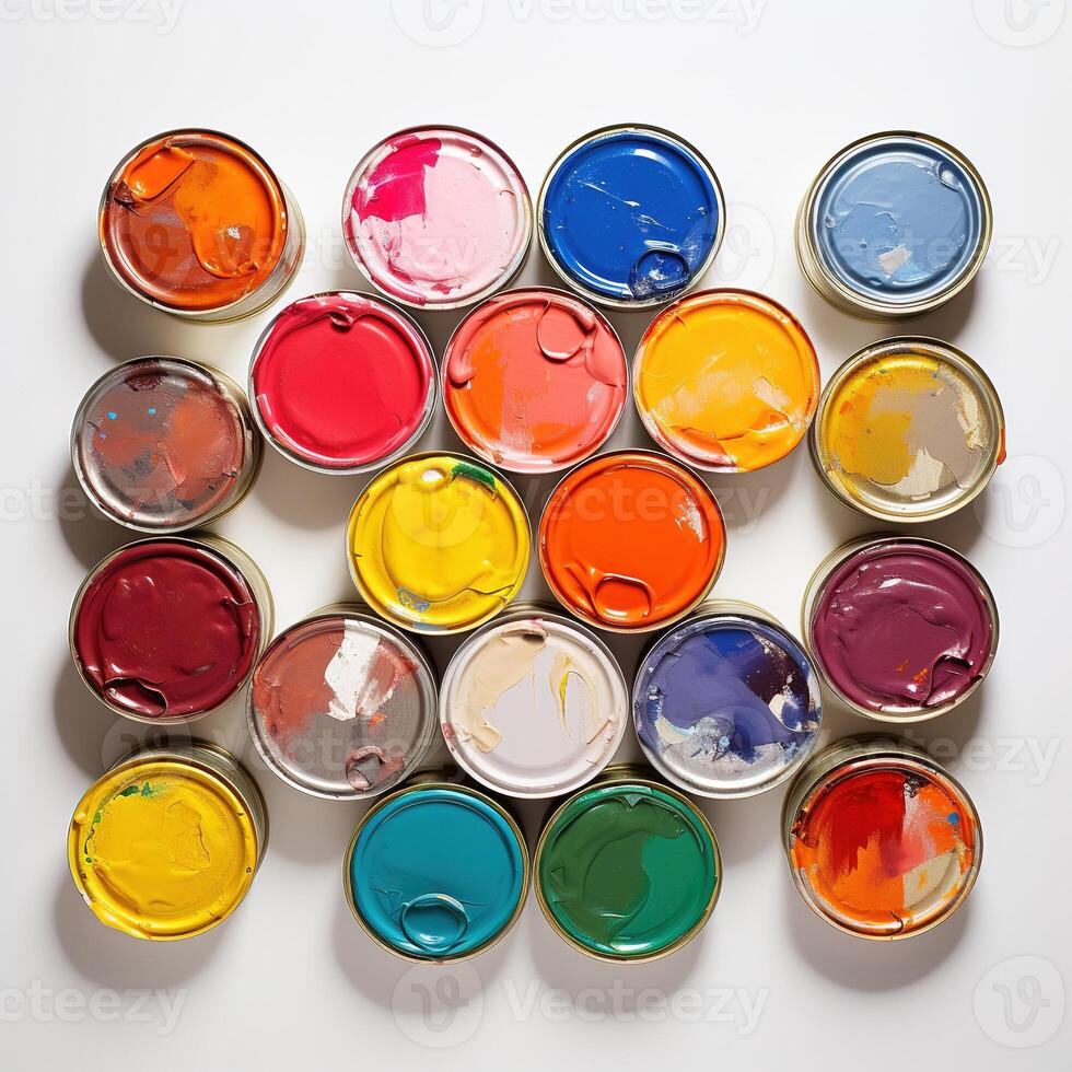 ai generado latas de pintar en un blanco fondo, parte superior vista. foto