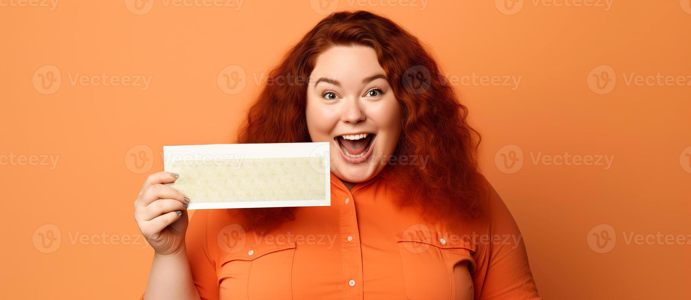 ai generado sorprendido pelirrojo mujer participación un blanco tarjeta en naranja antecedentes. foto