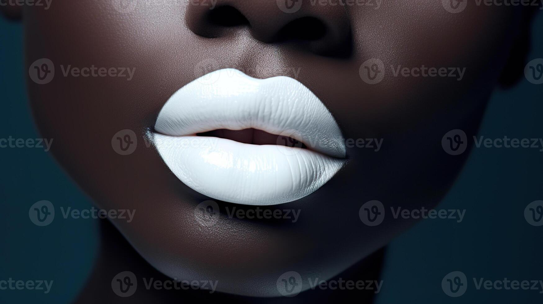 ai generado De las mujeres labios, labio color modelo. de piel oscura encantador modelo con suave piel y blanco labios. hermosa mujer con blanco color labios de cerca negro piel. foto