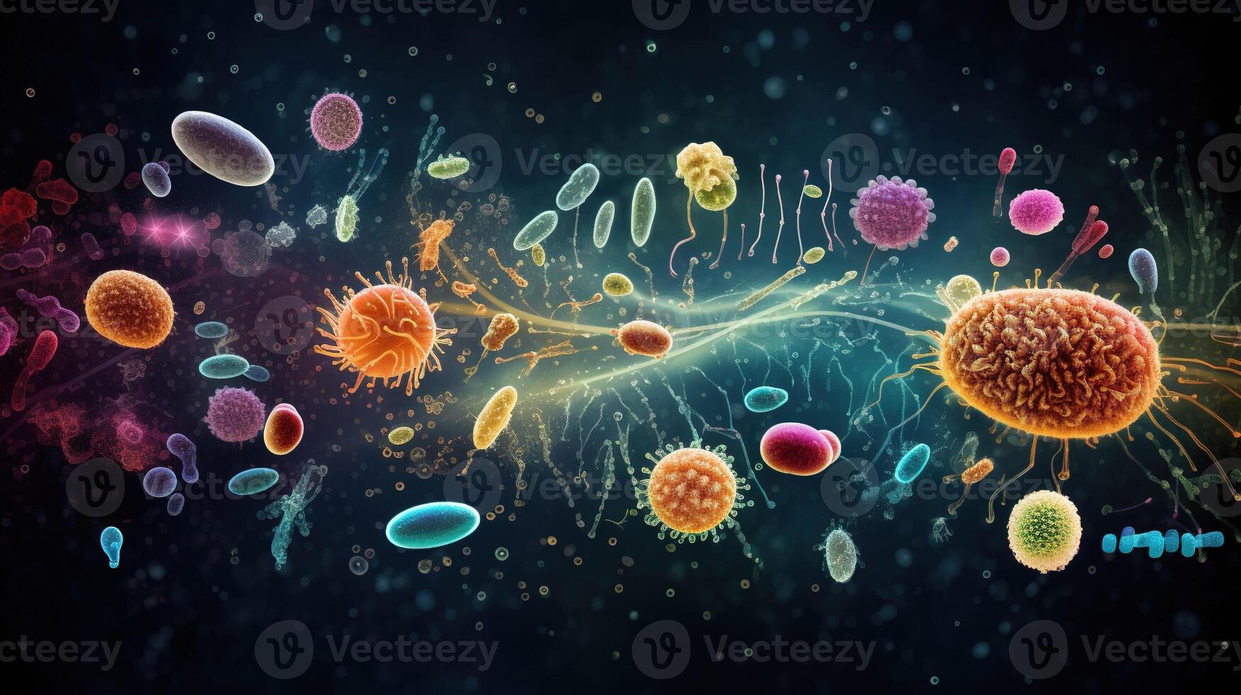 AI generated Pathogenic rods and viruses under a microscope. Digital illustration of a virus on a color background. photo