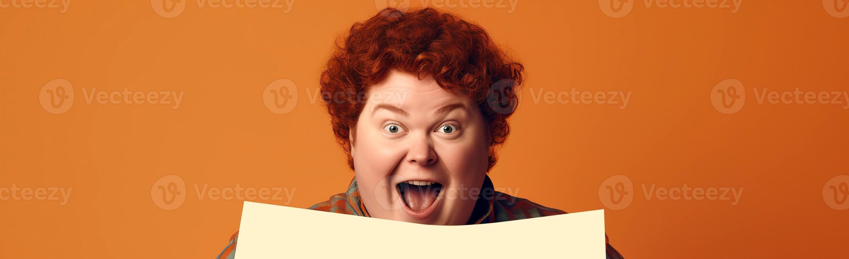 AI generated Surprised redhead fat female guy with blank sheet of paper on orange background. Horizontal banner with a portrait of the lucky owner of the gift of fate. photo