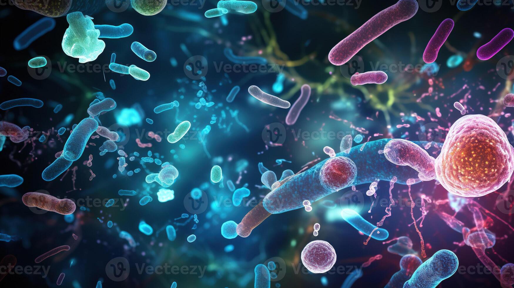 AI generated Escherichia coli. 3D illustration of Gram-negative rod-shaped bacteria with a single polar flagellum. photo