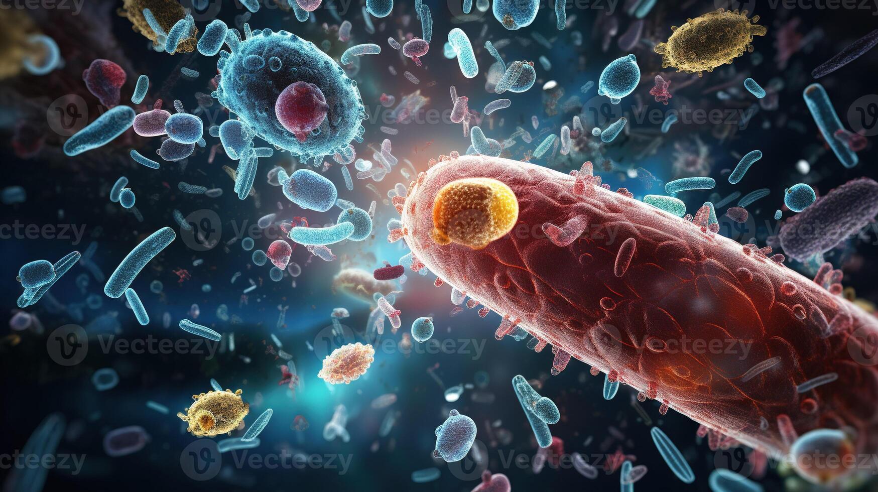 ai generado patógeno virus y bacterias virus en humano cuerpo. 3d ilustración de virus células en médico antecedentes. microscópico vista. foto