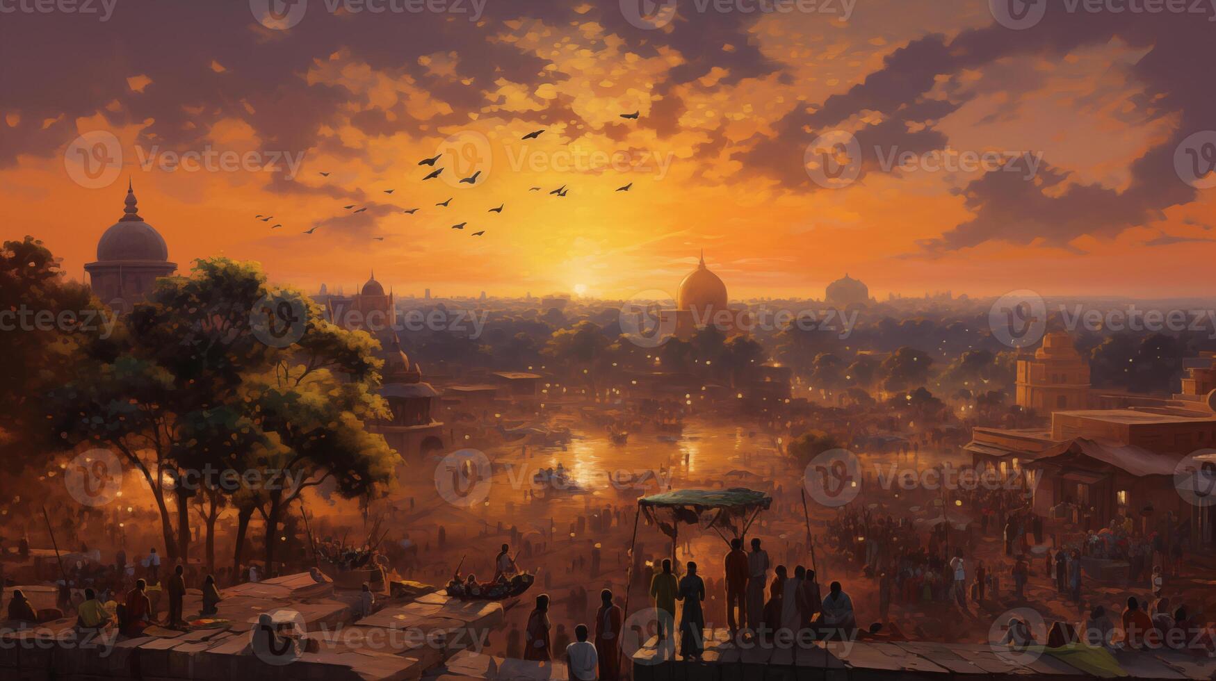 AI generated A serene city scene of New Delhi celebrating holi, with sunset with visible brushwork. Impasto texture and chiaroscuro lighting, emulating the style of a classical oil painting photo