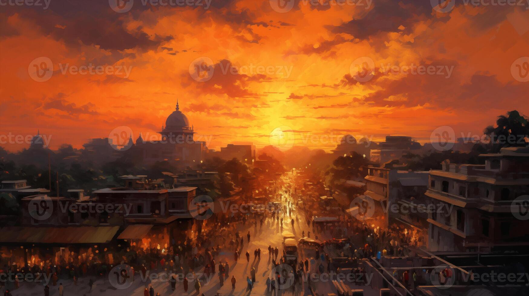 AI generated A serene city scene of New Delhi celebrating holi, with sunset with visible brushwork. Impasto texture and chiaroscuro lighting, emulating the style of a classical oil painting photo