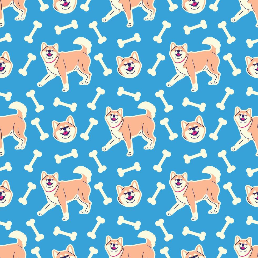 SMILING SHIBA INU WITH BONE SEAMLESS PATTERN vector