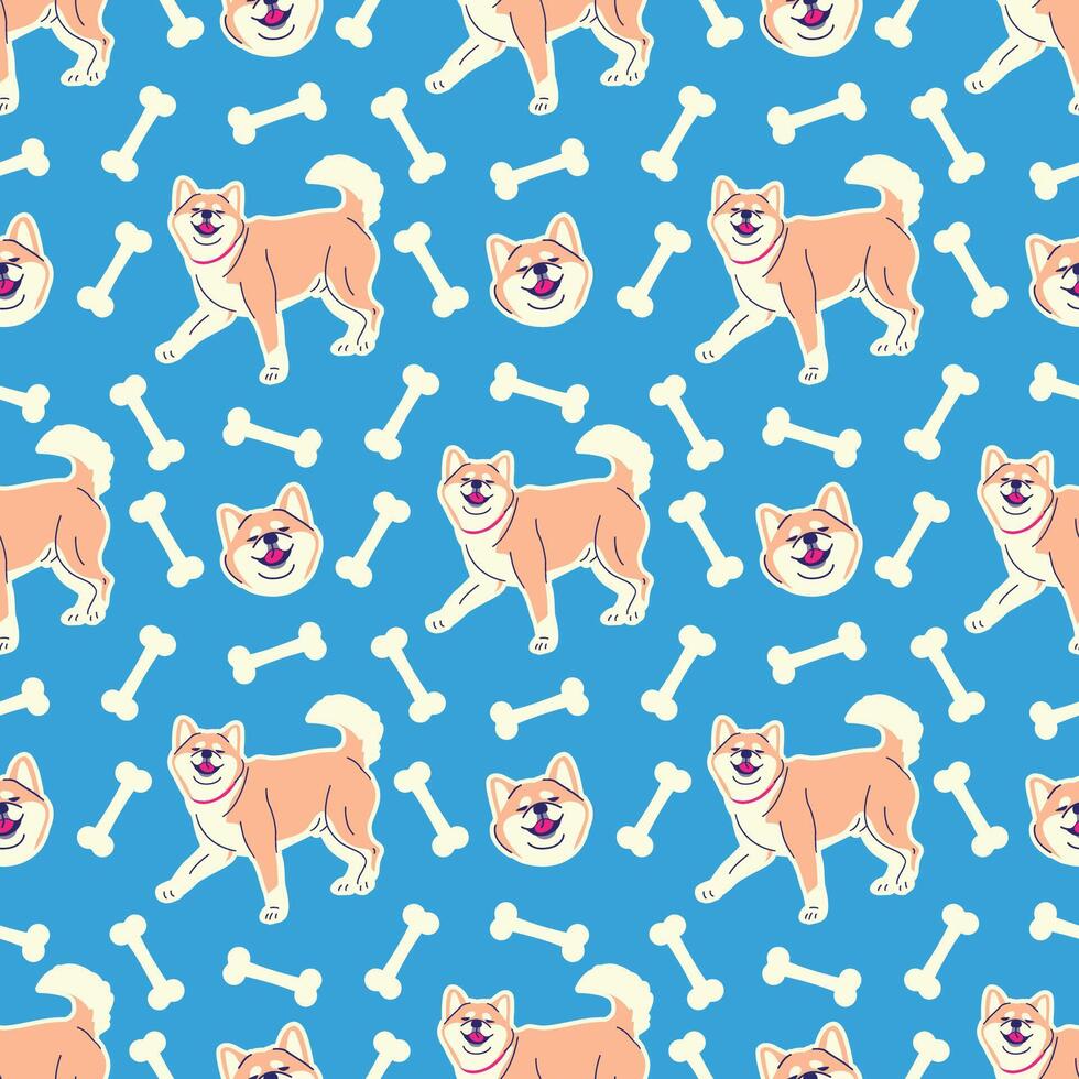 SMILING SHIBA INU WITH BONE SEAMLESS PATTERN vector