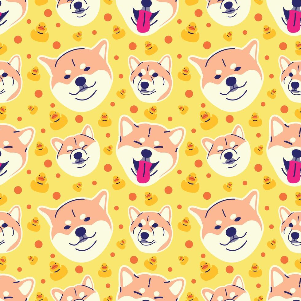 SHIBA INU HEAD WITH RUBBER YELLOW RUBBER DUCK SEAMLESS PATTERN vector