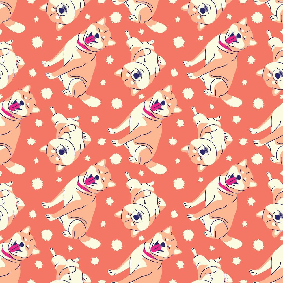 HAPPY SHIBA INU IN ORANGE BACKGROUND SEAMLESS PATTERN vector