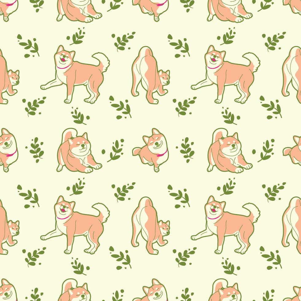 HAPPY SHIBA INU AND FLORAL SEAMLESS PATTERN vector