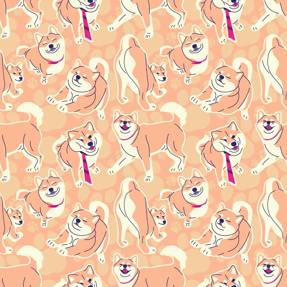 SHIBA INU IN VARIOUS MOVES SEAMLESS PATTERN vector