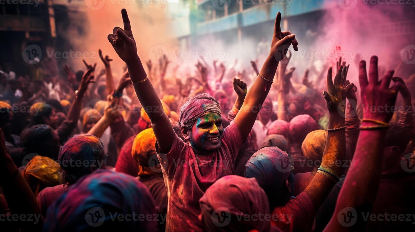 AI generated people of india celebrate holi, shoot from back side, very festive and fun mood, colorful photo