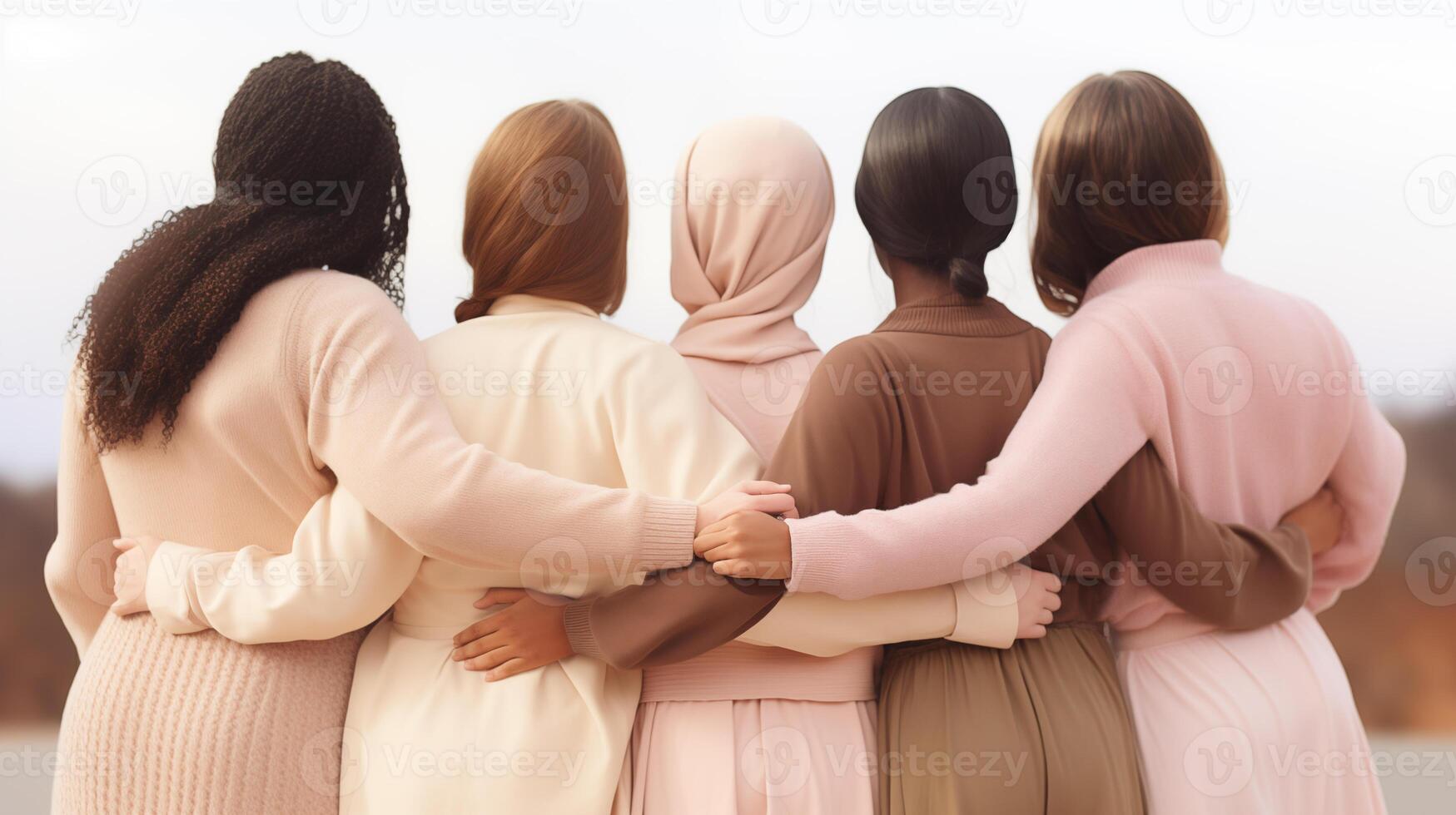 AI generated background for international women's day, womens holding hand shot from behind, warm and friendly mood photo