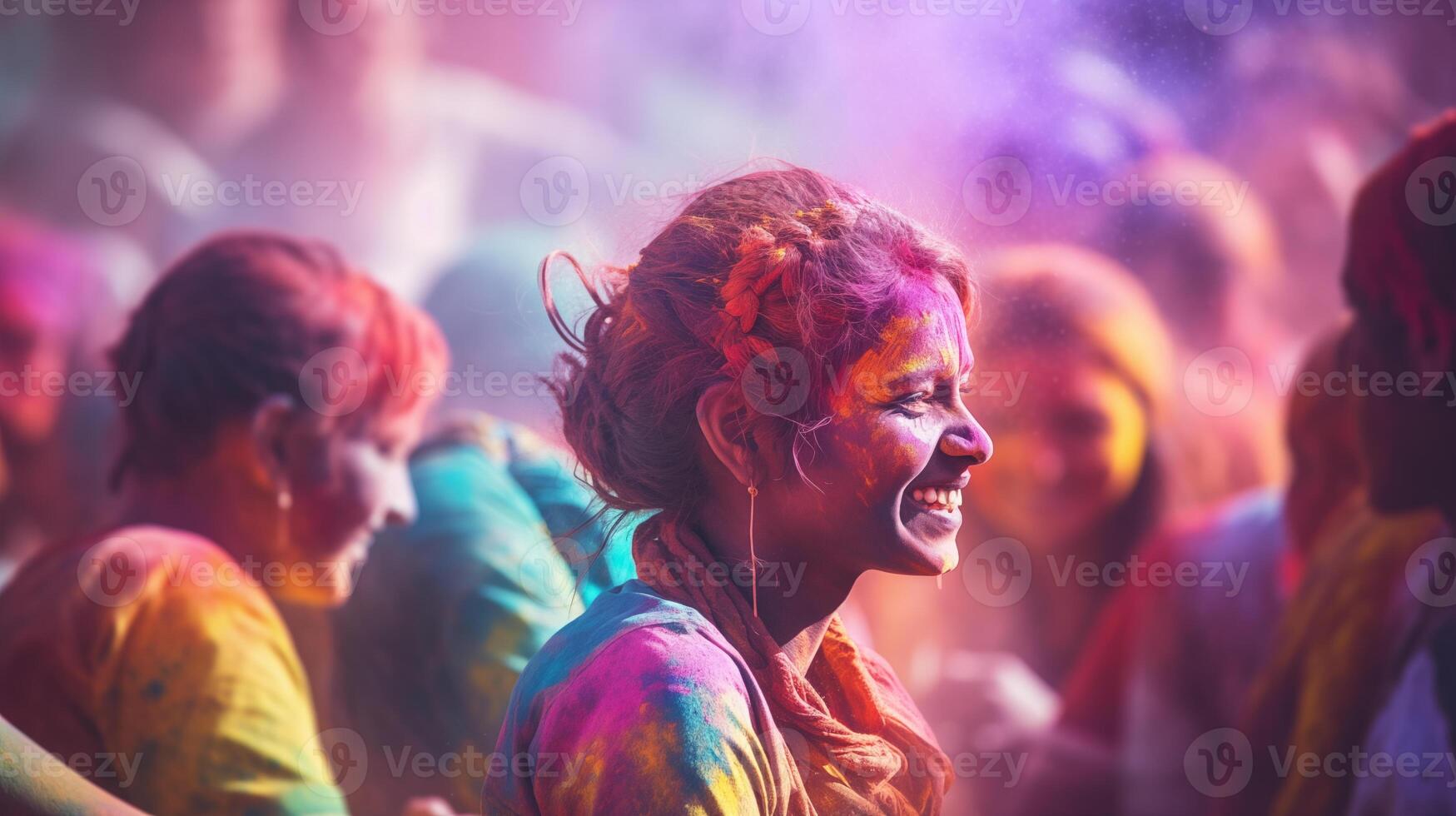 AI generated indian girl celebrating Holi, also called the festival of sharing and love or the festival of colors is a Hindu two day festival in the Spring. photo