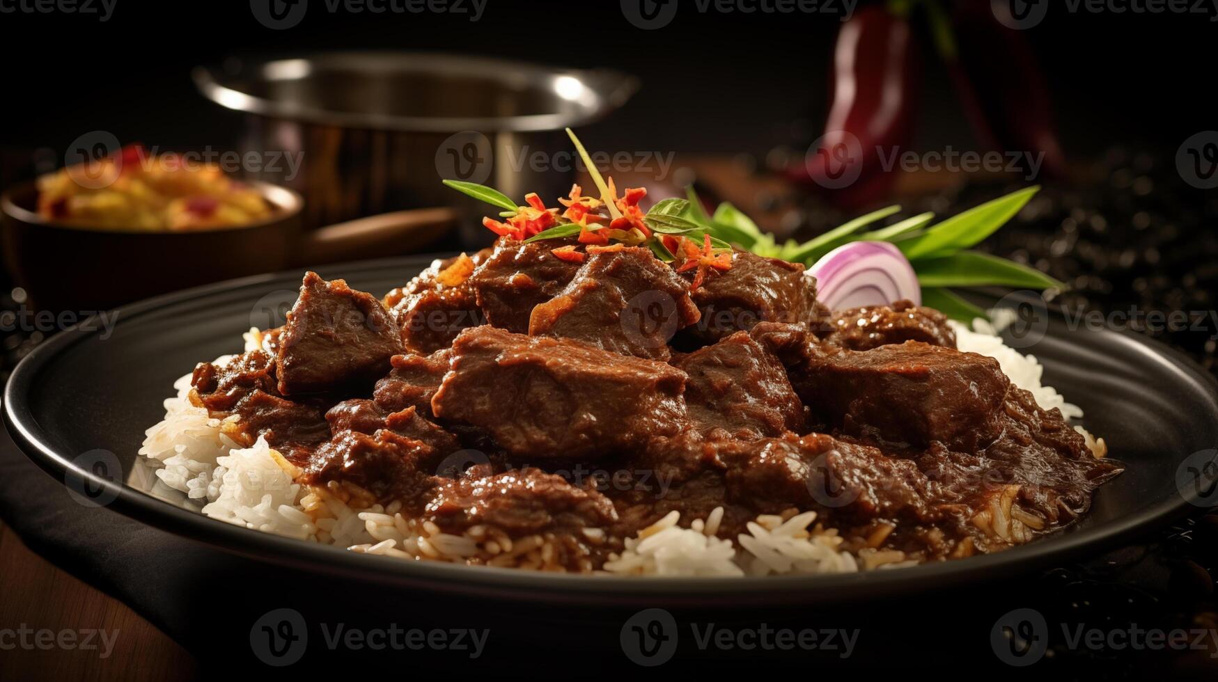 ai generado un plato de recién cocido carne de vaca estofado y arroz, servido con Condimento y adornar foto