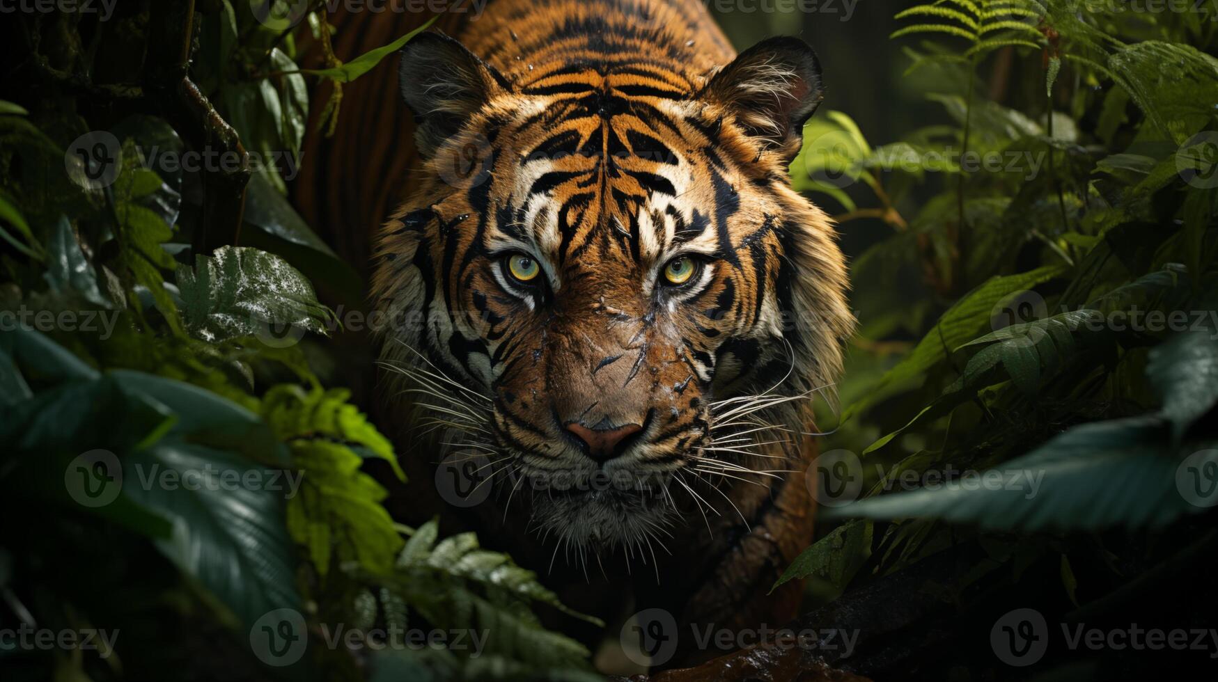 AI generated Sumatra tiger with yellow eyes stalking prey, vegetation in tropical indonesian rainforest background, cinematic shoot, ultrareal, morning light photo