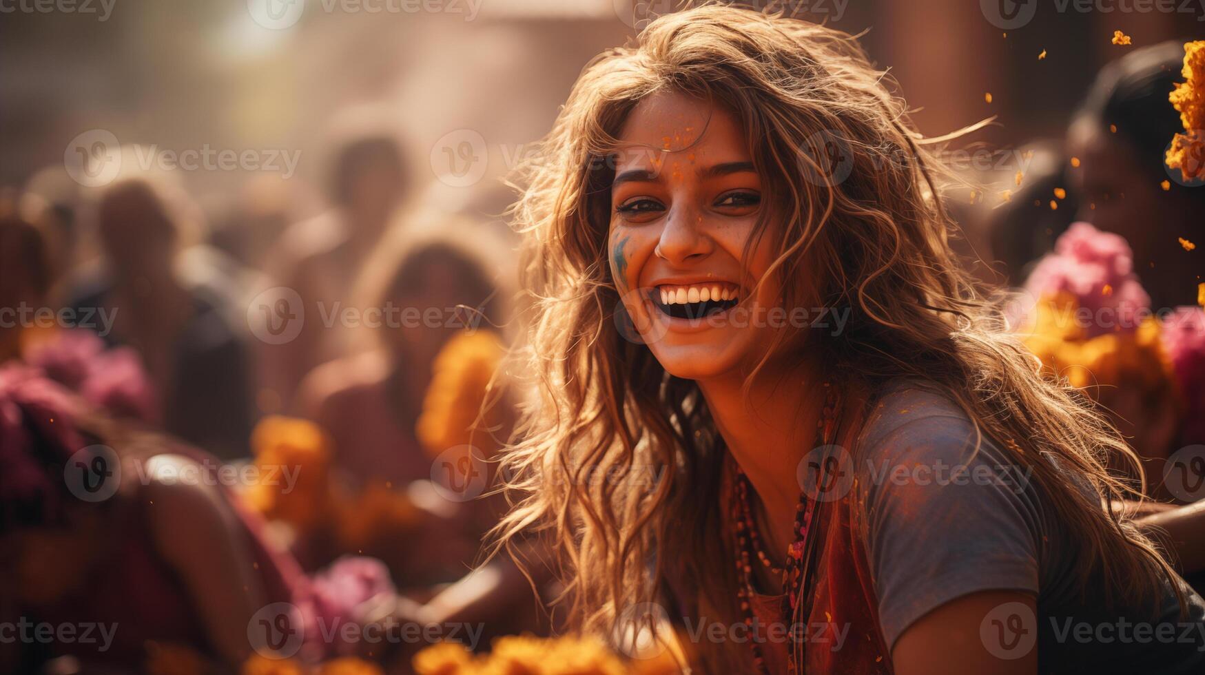 AI generated beautiful india girl celebrating holi festival, shot from the back, very festive, blurred backdrop of an Indian village at noon in the background to add a sense of energy. photo