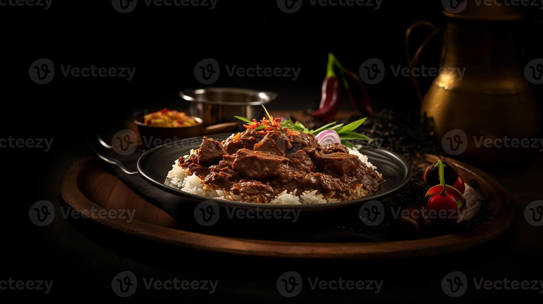 AI generated A plate of freshly cooked Beef stew and rice, served with seasoning and garnish photo