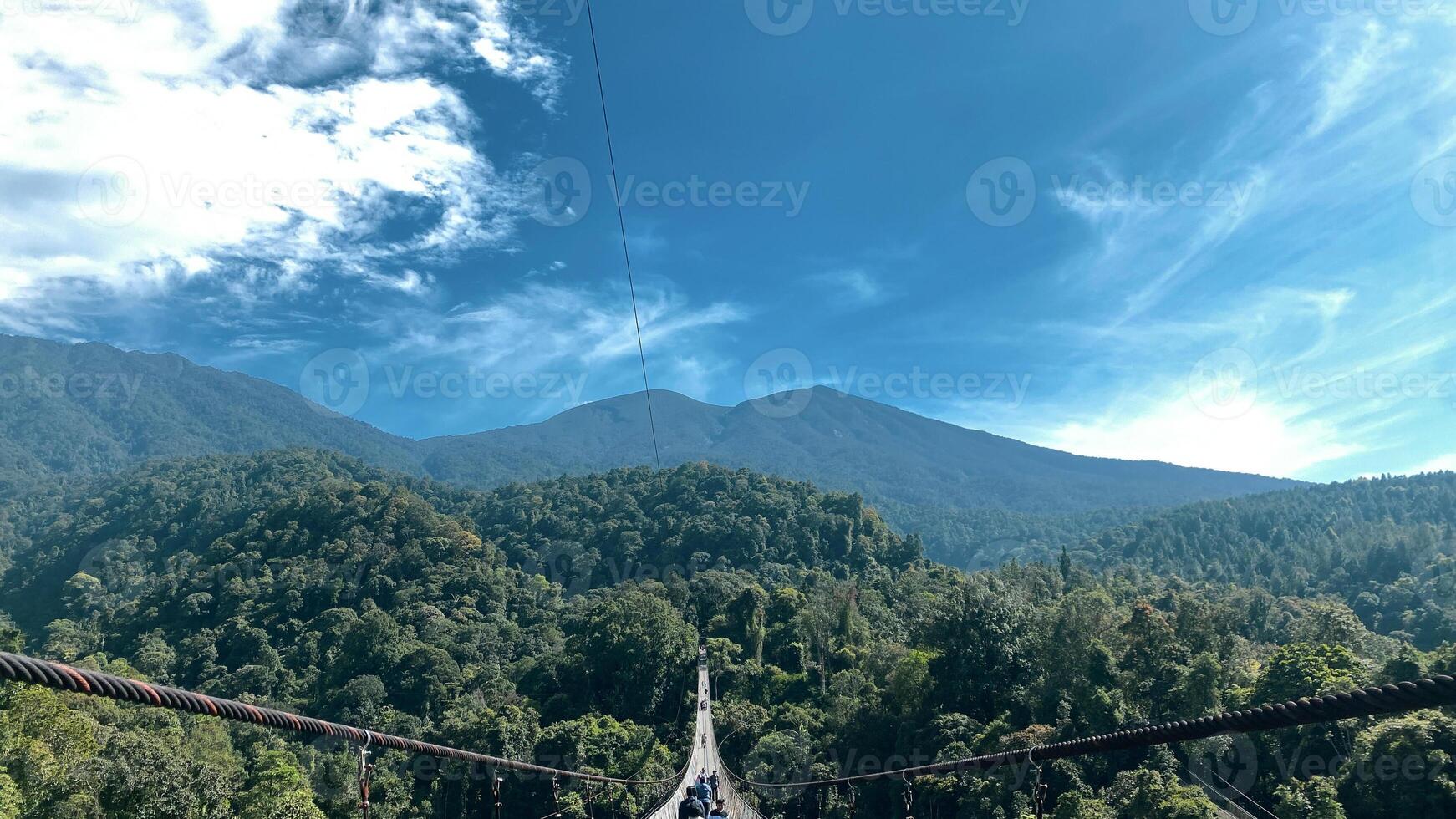 Bridge Rainforest Suspension bridge Crossing the river ferriage in the woods with mountain view photo