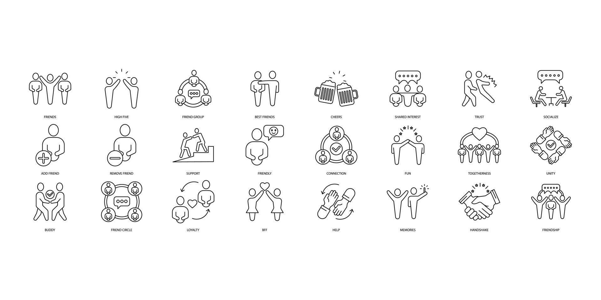 Friendship icons set. Set of editable stroke icons.Vector set of Friendship vector