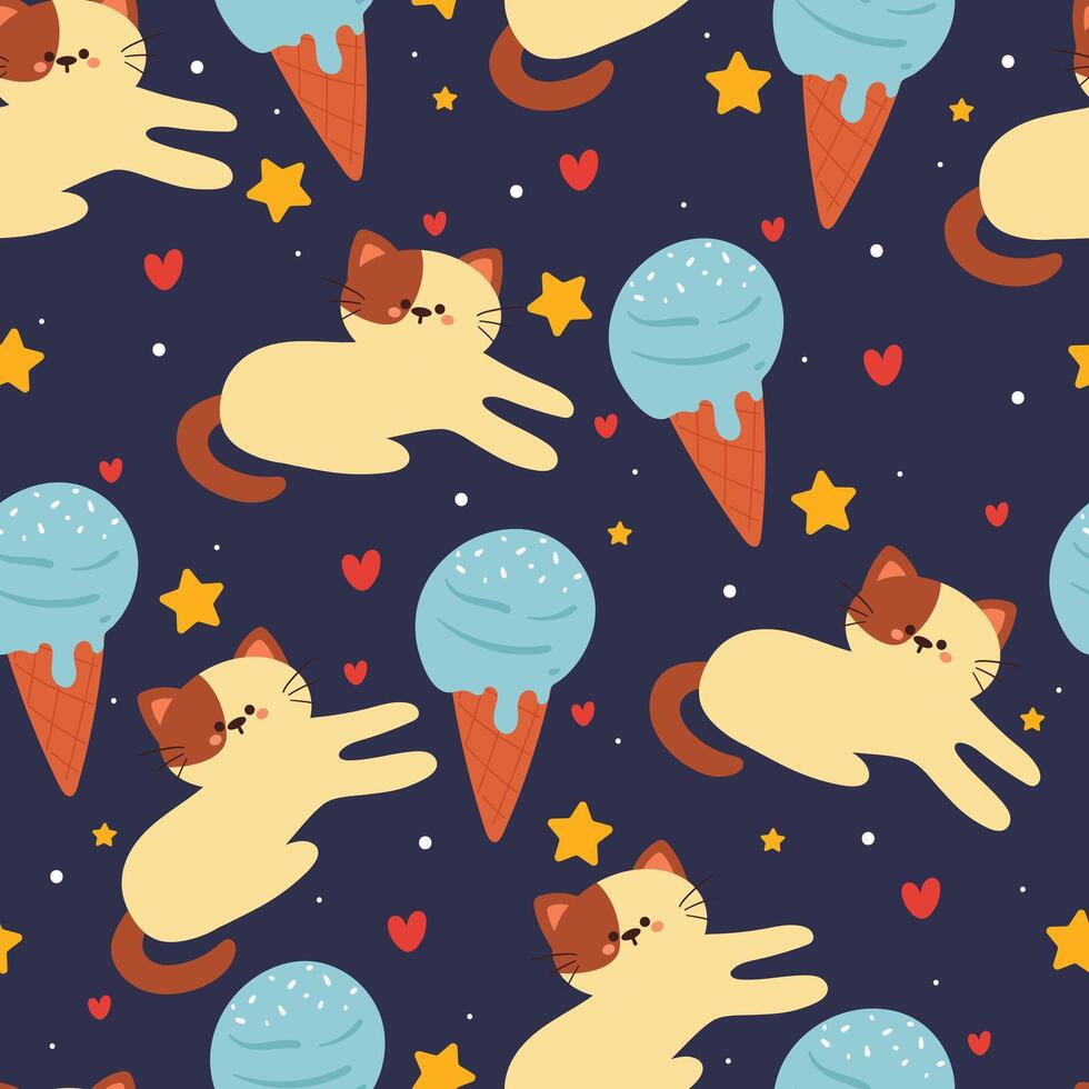 cute seamless pattern cartoon cat with cute dessert and stars. animal wallpaper for kids, textile, fabric print, gift wrap paper vector