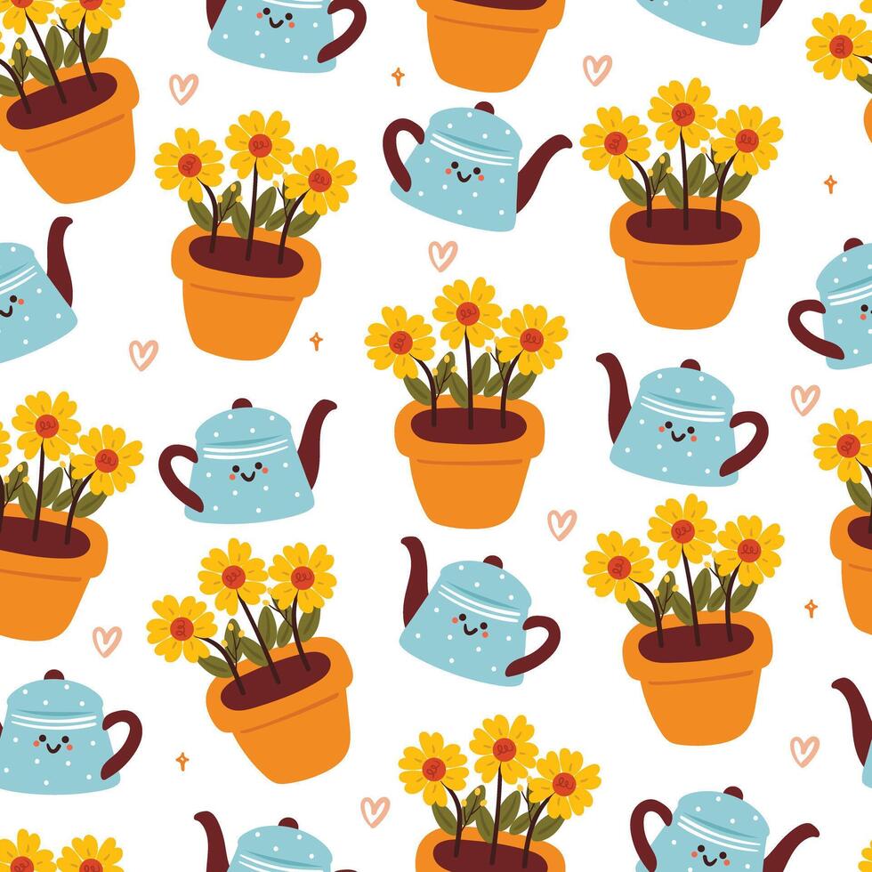 seamless pattern cartoon flower pot and water can character. botanical wallpaper for textile, gift wrap paper vector