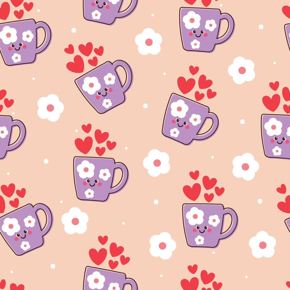 seamless pattern cartoon cup full of hearts. cute valentine wallpaper vector