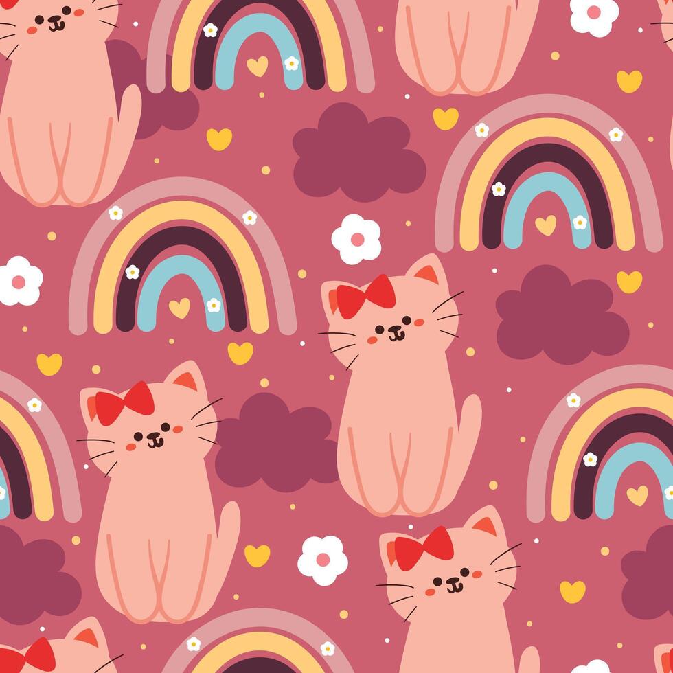 sin costura modelo dibujos animados gato con flor y cielo elemento. linda animal fondo de pantalla para textil, regalo envolver papel vector