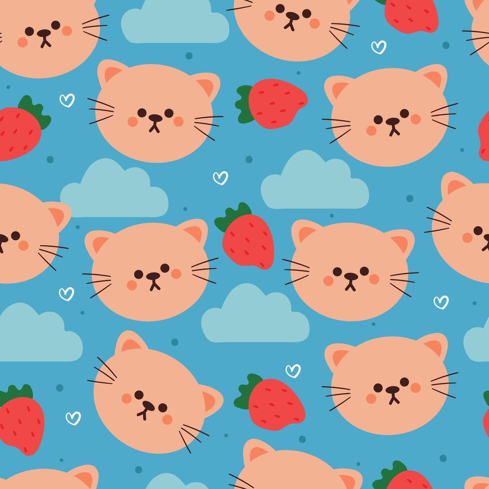 seamless pattern cartoon cat and strawberry. cute animal wallpaper illustration for gift wrap paper vector