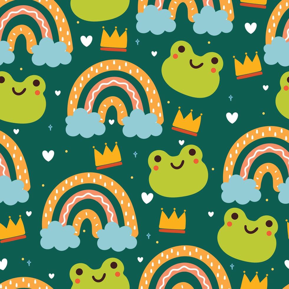 seamless pattern cartoon frog with rainbow and crown. cute animal, and sky element wallpaper for textile, gift wrap paper vector