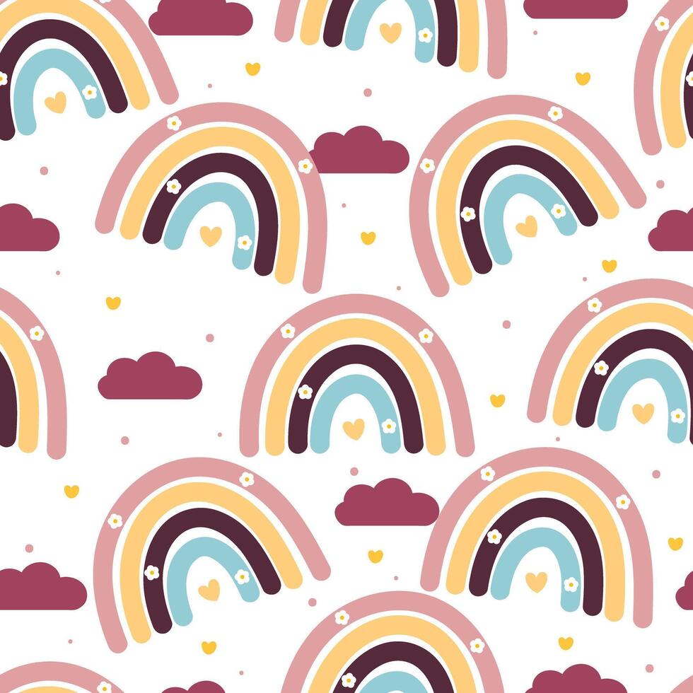 seamless pattern cute cartoon boho rainbow and clouds. cute wallpaper for gift wrap paper vector