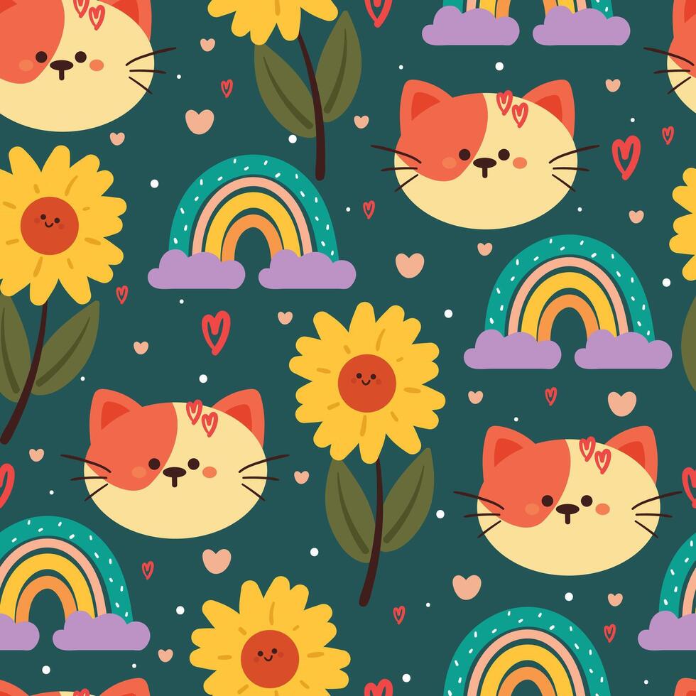 seamless pattern cartoon cat with flower and sky element. cute animal wallpaper for textile, gift wrap paper vector
