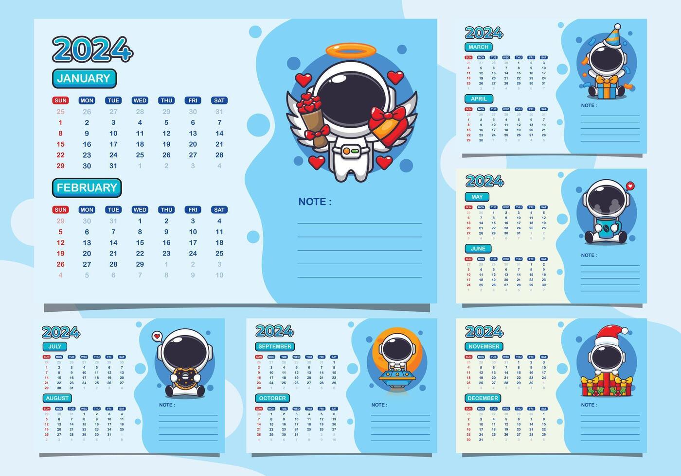 calendario 2024 año con linda astronauta personaje. trimestre calendario modelo para 2024 año. vector