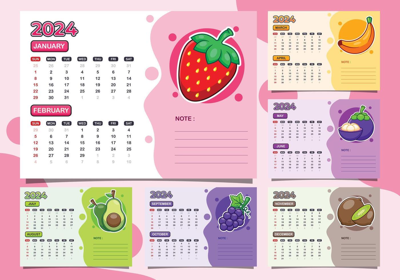 calendario 2024 año con Fruta tema. trimestre calendario modelo para 2024 año. vector