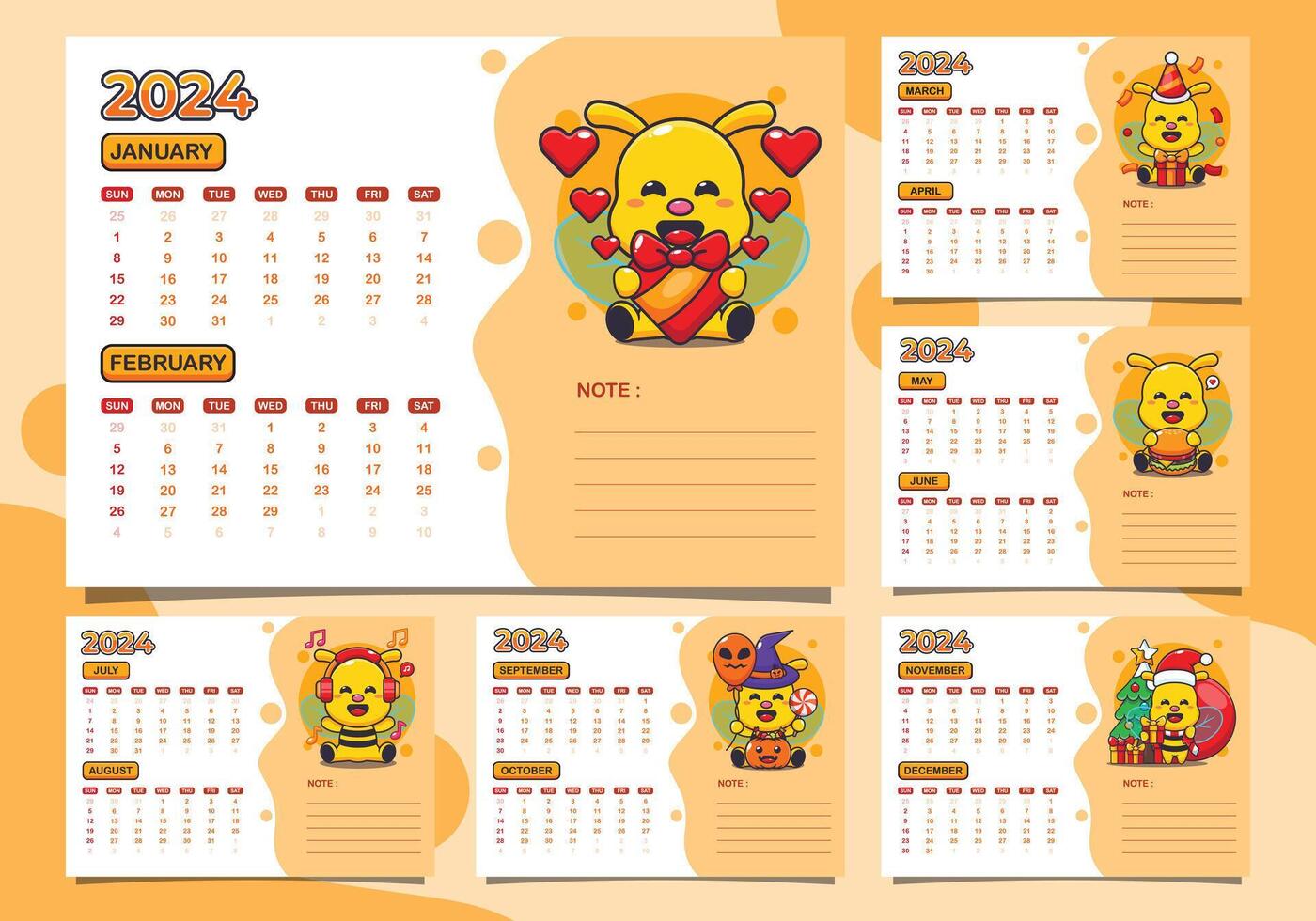 calendar 2024 year with cute bee character. Quarter calendar template for 2024 year. vector