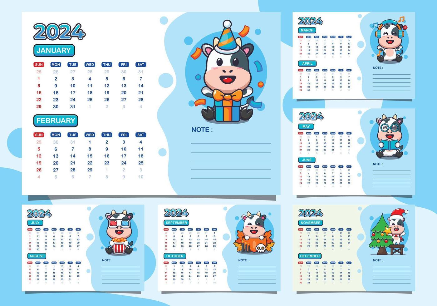 calendar 2024 year with cute cow character. Quarter calendar template for 2024 year. vector