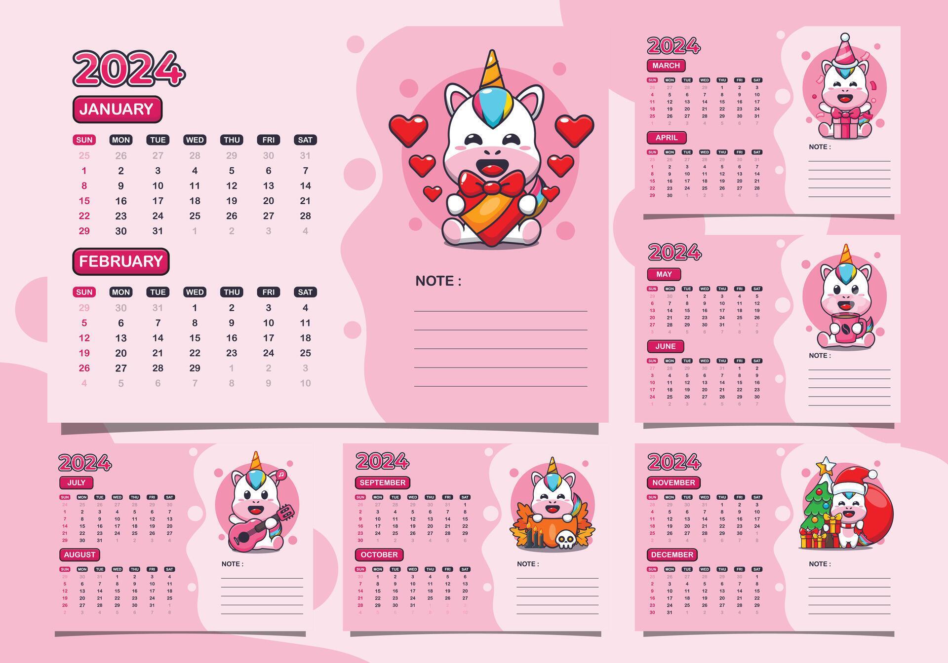calendar 2024 year with cute unicorn character. Quarter calendar