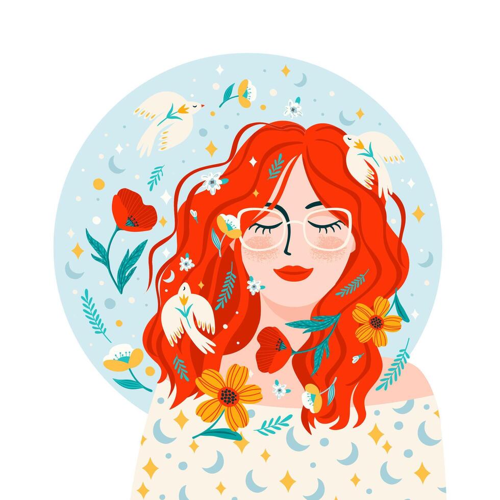 ilustración con mujer, flores y aves. vector diseño concepto para internacional mujer s día y otro utilizar