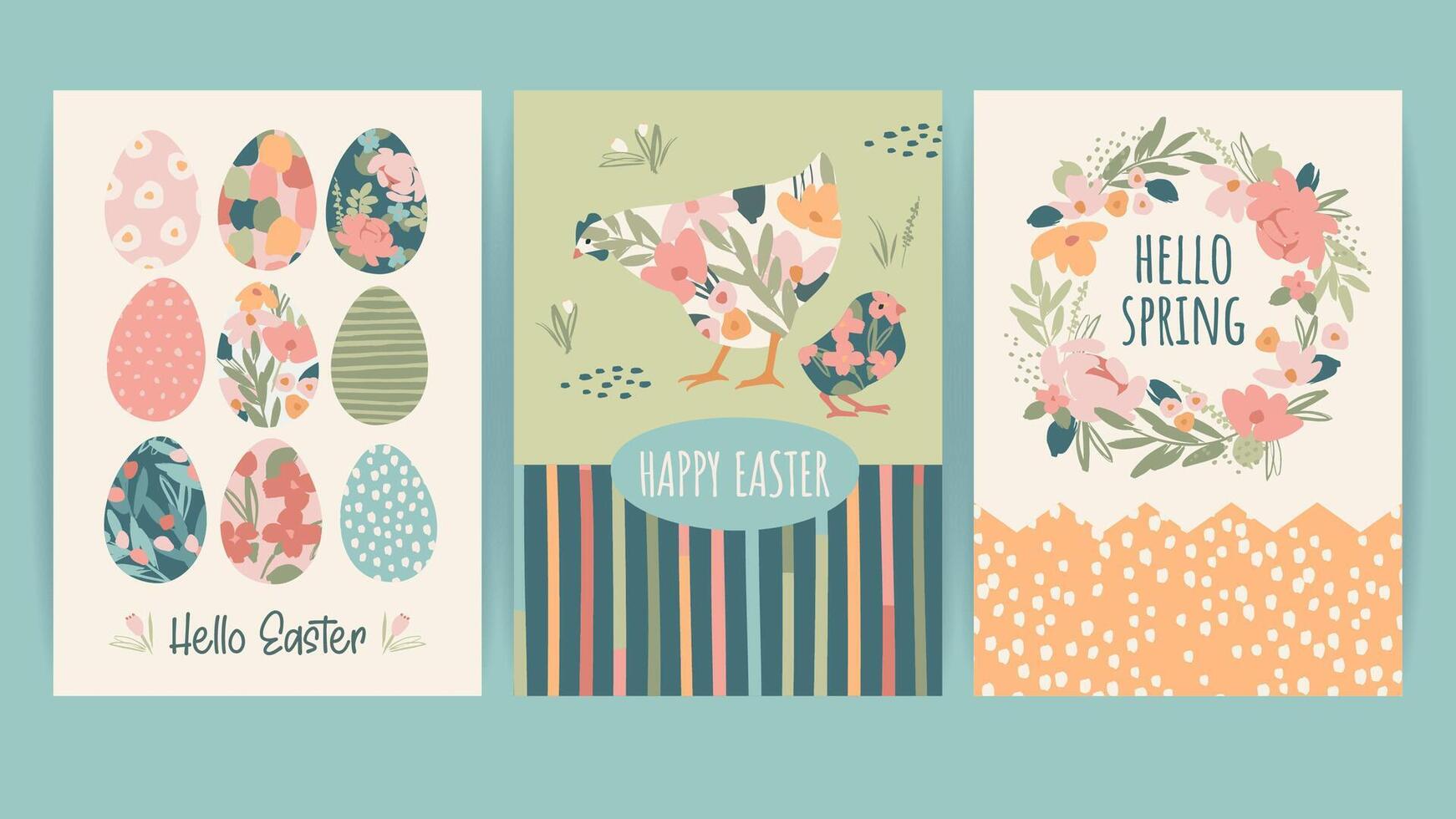 Set of Easter cards. Cute hand drawn illustrations. Vector design templates in vintage pastel colors.