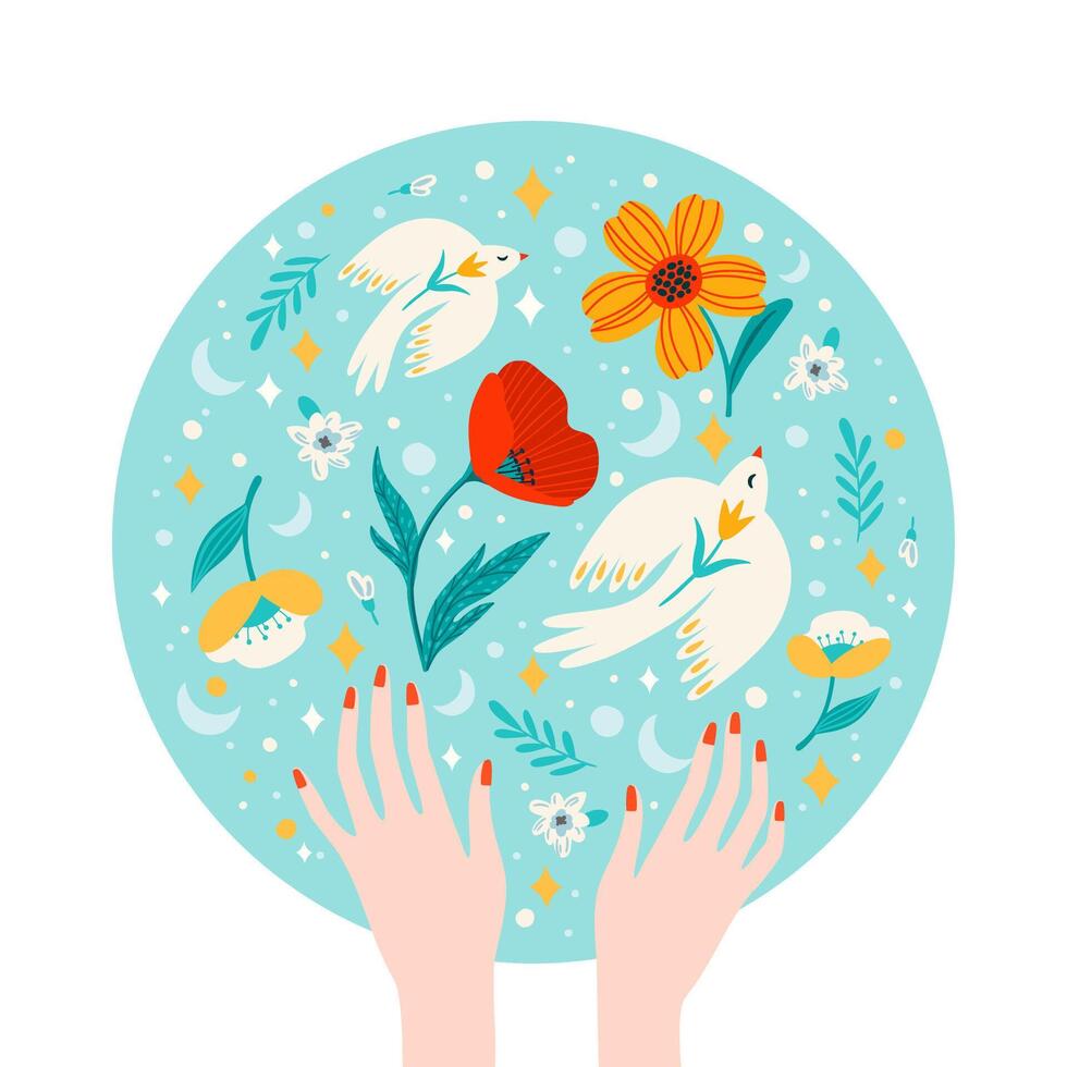 ilustración con hembra manos, flores y aves. vector diseño concepto para internacional mujer s día y otro utilizar