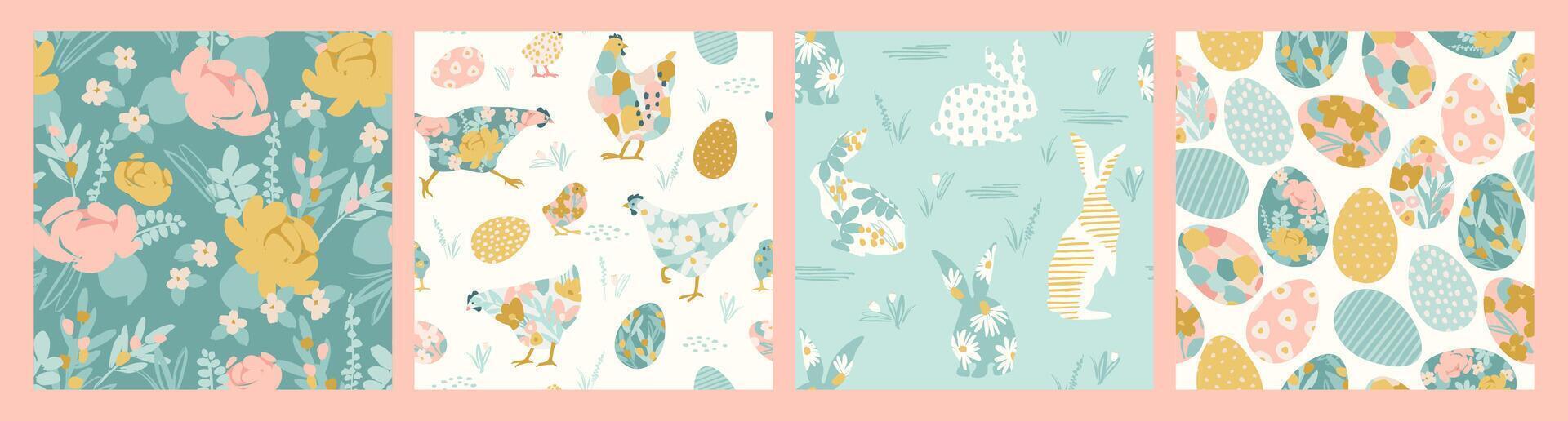 Happy Easter. Vector seamless patterns with abstract chickens, rabbits, eggs and flowers. Vector design templates