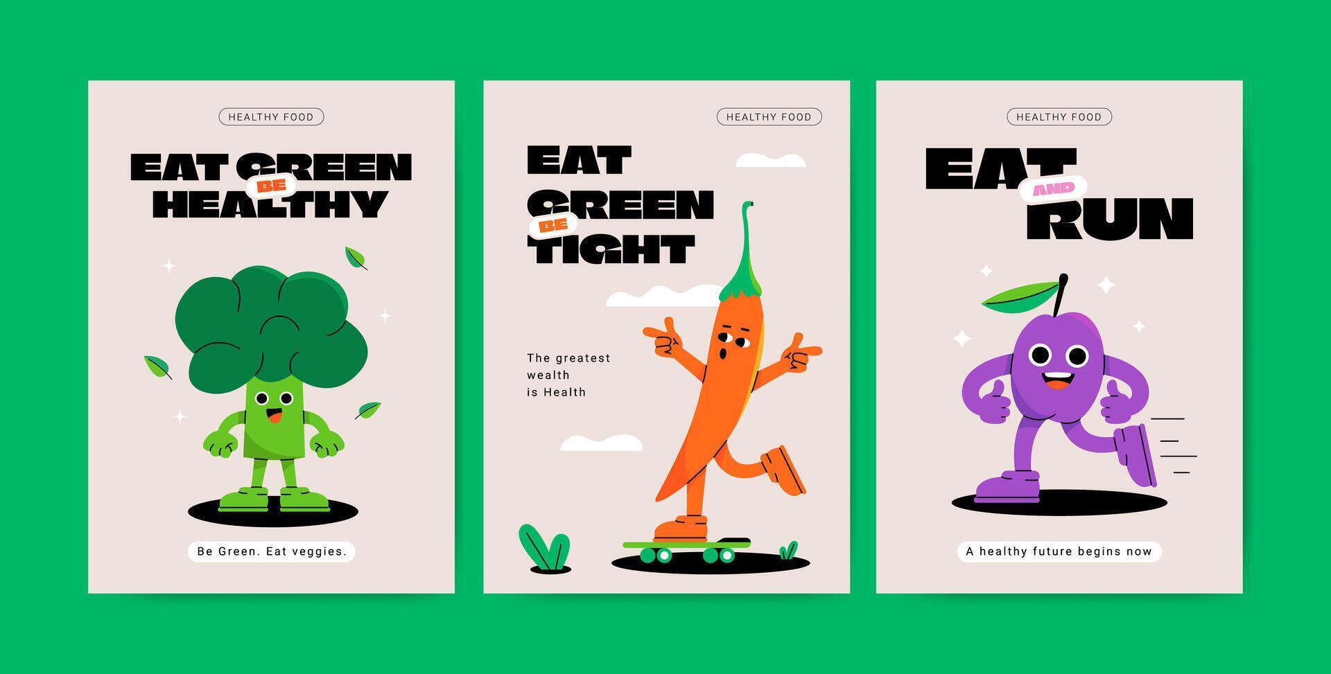 Healthy food characters poster set vector