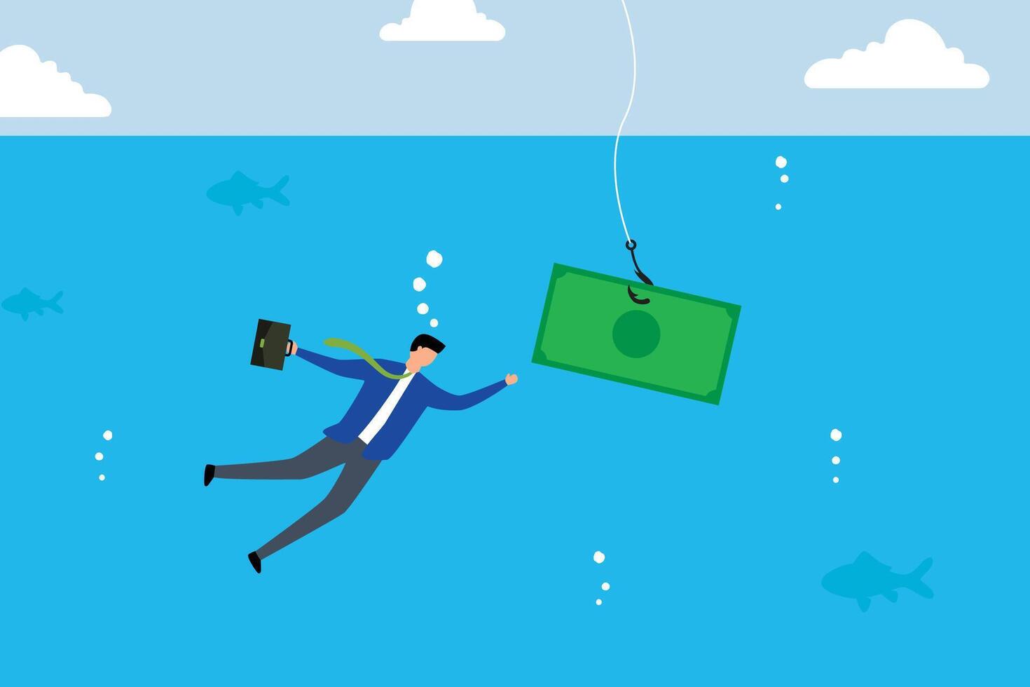 money trap, businessman dives into the business seas, baiting his hook with a dollar notes. vector